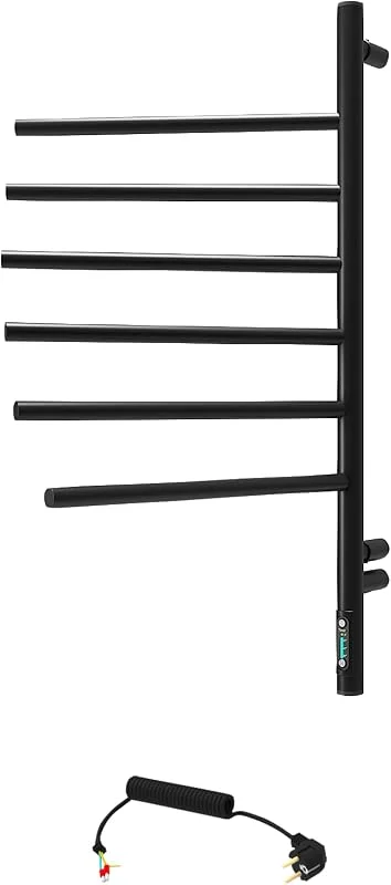 Elna Handtuchheizkörper Elektrisch 78W 79x40 cm – Badheizkörper Matt Schwarz mit 6 Schwenkarmen – Thermostat & Timer – IP44 – Wandmontage — Heizung Warmepumpe