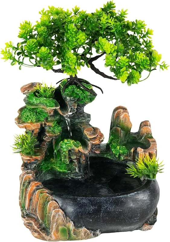 Grüne Pflanze Brunnen, Zimmerbrunnen mit Pflanzen, Springbrunnen Gartenbrunnen Deko Tischbrunnen mit Wasserfall, für Eingang Platzierung Wohnzimmer, 20 x 15 x 28cm — Luftbefeuchter