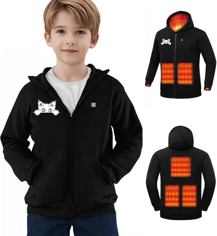 Beheizbare Kapuzenpullover Kinder Hoodie Sweatjacke mit 5 - Zone Heizung 3 Temperaturstufen Funktionsjacke Winterjacke Sweatshirt Beheizte Kleidung für Jungen Mädchen 4-14 Jahre — Heizkleidung