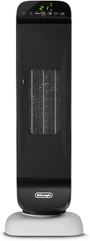 De'Longhi Turm-Keramik-Heizlüfter, Schnellheizung mit 2 Leistungsstufen, Fernbedienung, 24h-Timer, Eco-Funktion, Sicherheitsthermostat, Griff Hinten, 2000W, HFX25S20, Weiß, Schwarz — Heizung Warmepumpe