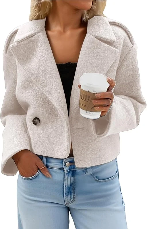Kurzer Trenchcoat Damen Wolle Kurzmantel Elegant Kurzblazer mit Knöpfen Langarm Casual Übergangsjacke Revers Frauen Wolljacke Kurz Freizeitjacke Sportlich Damenjacken für den Übergang — Heizkleidung