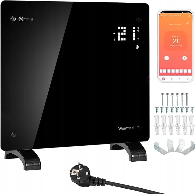WARMTEC Elektroheizung 1000W, Glasheizung mit WiFi-Steuerung, Timer, LCD-Display und Wochenprogramm, Konvektor-Heizung für energiesparendes Heizen, Elektroheizkörper Stand- und Wandgerät, Schwarz — Heizung Warmepumpe