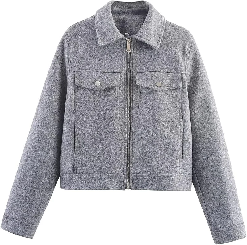 Generisch Wollmantel Damen Kurz Oversized Bomberjacke Damen Wolle Hemdjacke Zipper Leichte Winterjacke Warm Übergangsjacke Elegant Casual Herbstjacke Einfarbig College Kurzmantel Blouson Jacke — Heizkleidung