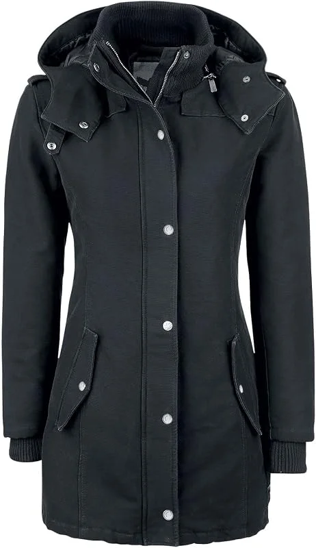 Black Premium by EMP Damen gefütterte schwarze Winterjacke mit abnehmbarer Kapuze und modischen Schulterklappen — Heizkleidung