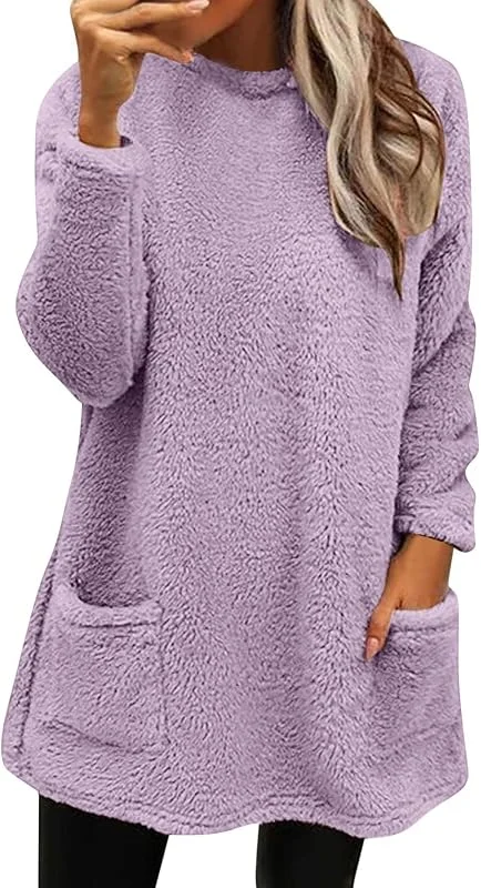 Generisch Damen Lang Teddy Fleece Flauschig Pulli Weich Winter Warm Sweatshirt Ohne Kapuze Lose Plüsch Oversize Casual Fleecepulli Lockeres Einfarbig Weihnachten Oberteile Mit Taschen — Heizkleidung