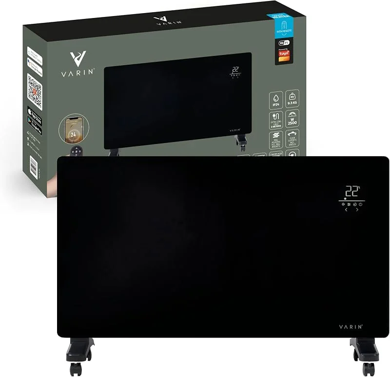 Varin® Smart Konvektor Heizung Elektrisch, 2500W, 85x47cm - Schwarzes Glas — Heizung Warmepumpe