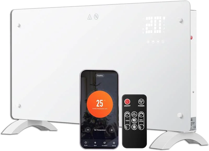 DONYER POWER 2000W Konvektor-Heizung, ultra-dünne Wandmontage oder freistehend, 24H Timer-Fernbedienung mit WIFI-Verbindung, ultra-weiße Glasscheibe — Heizung Warmepumpe