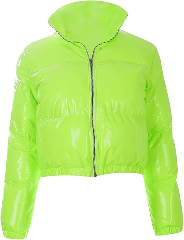 Daunenjacke Damen Leicht Kurz Glänzende Jacke Damen Winter Puffer Winterjacke Warm Crop Reflektierende Steppjacke mit Kapuze Leichte Daunenmantel Bauchfrei Wintermantel Daunen Jacken Stehkragen — Heizkleidung