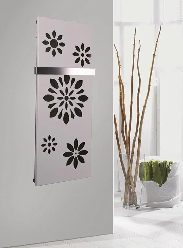 Badheizkörper Design Flower 2, HxB: 120 x 47 cm, 799 Watt, silber (metallic), weiß + 1 Handtuchhalter (50mm) (Marke: Szagato) MADE IN GERMANY Szagato Handtuchheizung Handtuchwärmer Design Heizkörper — Heizung Warmepumpe