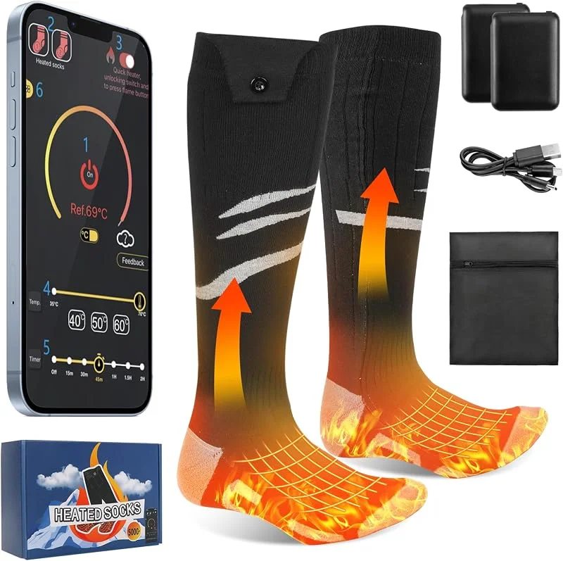 Beheizbare Socken mit APP 5000mAh Akku Wiederaufladbare elektrische Beheizte Socken für Herren 4 Temperatureinstellungen Outdoor-Reiten Camping Wandern Skifahren Warme Größe L — Heizkleidung