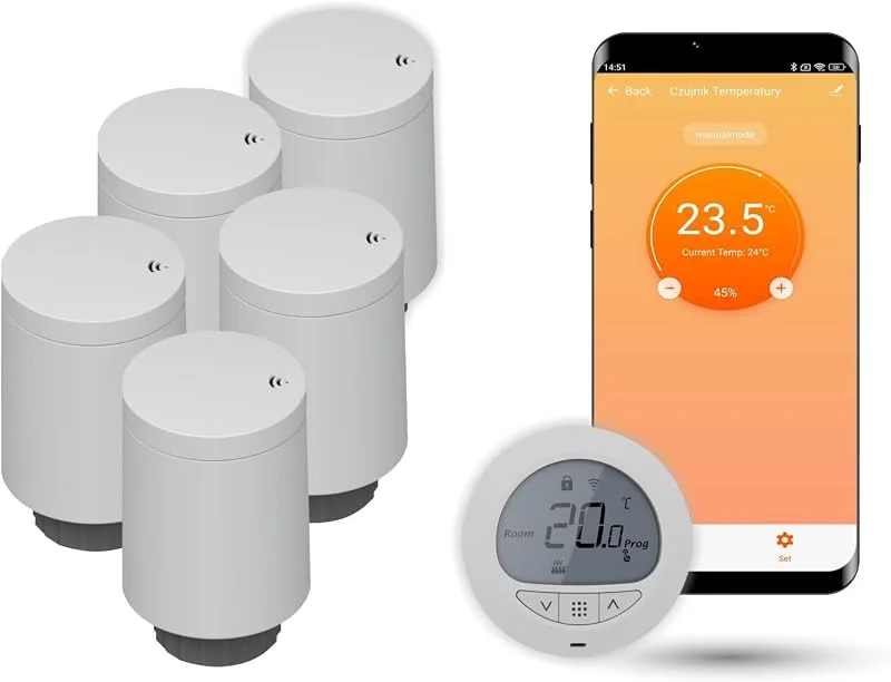 Automat-on Set für Fußbodenheizung mit 5X Smart Heizkörperthermostat und Zigbee Thermostat Fussbodenheizung, Steuerung mit Tuya, SmartLife oder ohne App, Kompatibel mit Alexa, Google Home — Heizung Warmepumpe