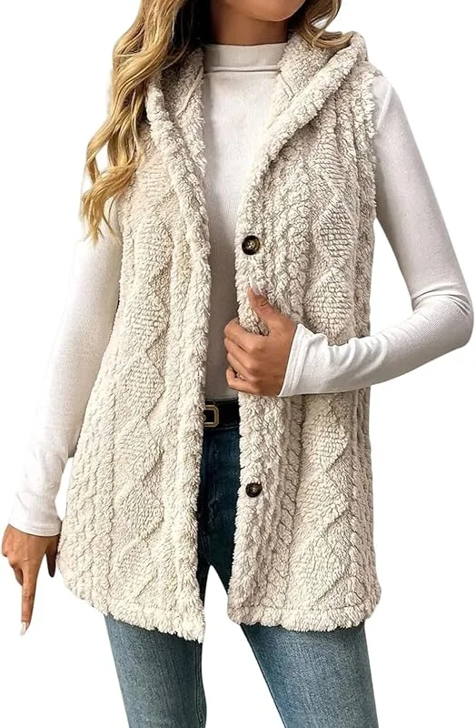 Weste Damen Lang Warmes Fleece Westen Mit Kapuze Weich & Modisch — Heizkleidung