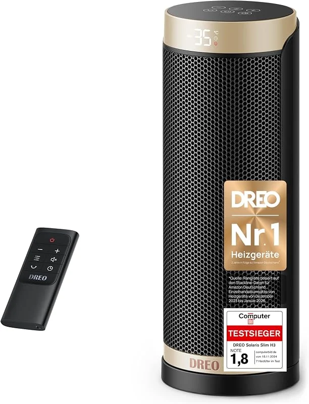 Dreo Heizlüfter Energiesparend, PTC Keramik Heizlüfte Leise, 70° Oszillierend Elektroheizung mit Fernbedienung, 12-Std-Timer, 3 Modus 3 Geschwindigkeit, Überhitzungs-Kippschutz, Solaris Slim H3 — Heizung Warmepumpe