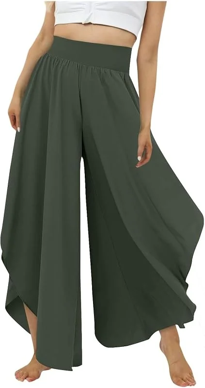 Culottes Hosen Damen Leichte Sommerhose, Damen Wickelhose mit Schlitz Weites Bein Rüschen Hose Damen Sommer Yogahose Leicht Luftige Sommerhosen Plissee Bequeme Sporthose für Frauen Schlaghose — Heizkleidung