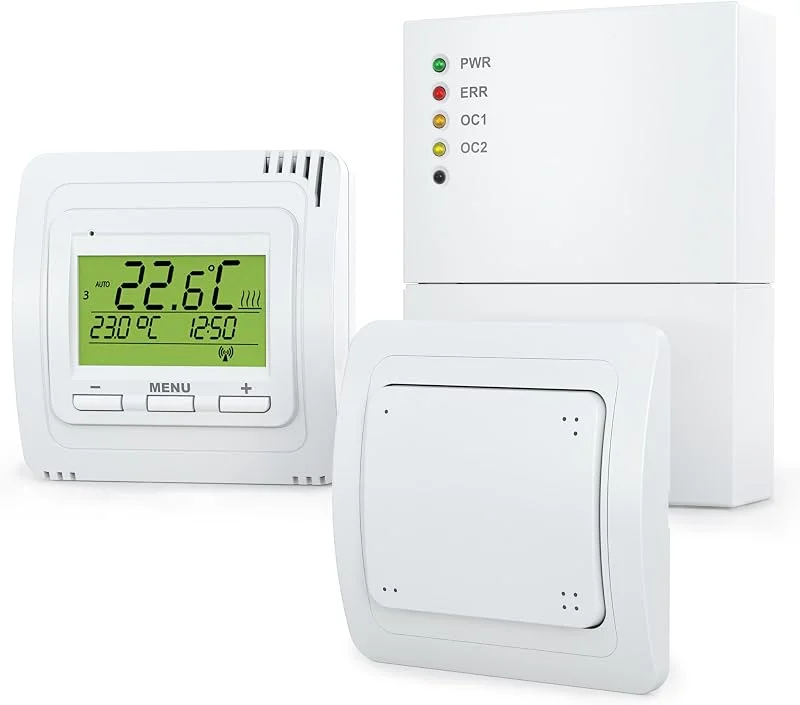 Funk Raumthermostat Set EB71332-2R, Heizungssteuerung & Lichtsteuerung mit Empfänger, Thermostat & Funktaster, Energiesparend mit Wochenprogramm, Frostschutz & Kindersicherung — Heizung Warmepumpe