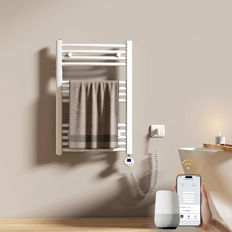 EMKE WiFi Badheizkörper Elektrisch 750x500 mm - Gebogen Handtuchheizkörper Elektrisch, Elektrischer Handtuchwärmer Handtuchtrockner Handtuch Heizkörper Bad mit Thermostat und Heizstab - 300W, Weiß — Heizung Warmepumpe