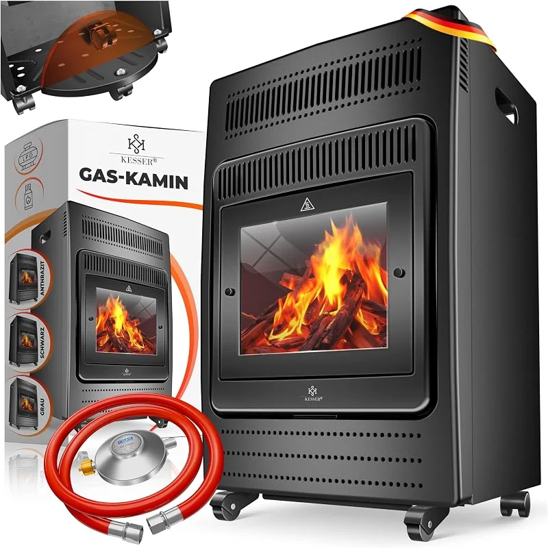 KESSER® Gasheizer Gasheizofen Heizstrahler 3, 4 kW Gas Kamin inkl. Gasdruckregler & Gasschlauch, 2 Heizstufen Infrarot 3400W Gasheizstrahler Gasheizung Butan- oder Propangasflaschen bis 11kg, Schwarz — Heizung Warmepumpe