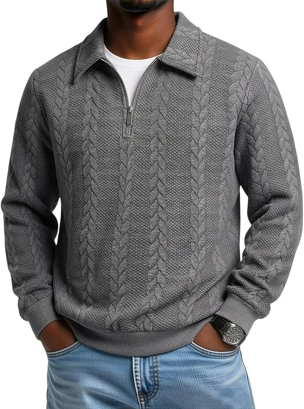 Generisch Herren Halfzip Pullover Stehkragen Waffelmuster Hoodie Halb Reißverschluss Langarm Sweatshirt Bequem Freizeit Sport Basic. — Heizkleidung
