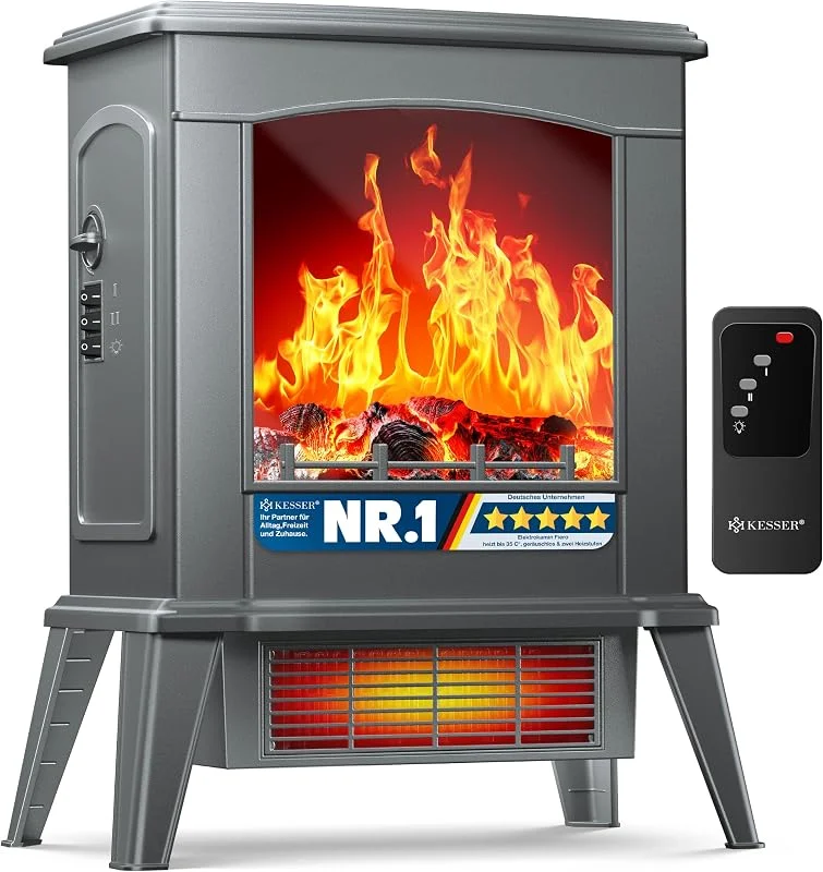 KESSER® LED Kamin Fiero mit Heizung elektrisch, Kaminheizung Elektrokamin Standkamin mit realistischem Feuer -, Flammeneffekt per Fernbedienung, Thermosicherung Verschiedene Heizstufen 2000W — Heizung Warmepumpe