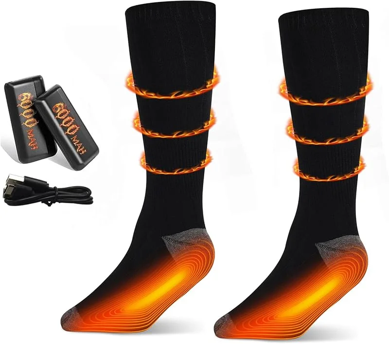Beheizbare Socken Damen Herren, Wiederaufladbare Heizsocken mit 6000mAh Akku 3 Heizstufen, Beheizte Socken Warme Socken Fusswärmer, Socken Beheizbar für Wintersport im Freien Schwarz — Heizkleidung