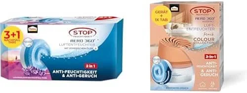Bundle: Pattex AERO 360° Nachfüll‑Tabs Lavendel (3+1 x 450 g) + AERO 360° Kompakt Luftentfeuchter Peach Edition inkl. 1 Tab – reduziert Feuchtigkeit & Gerüche — Luftbefeuchter