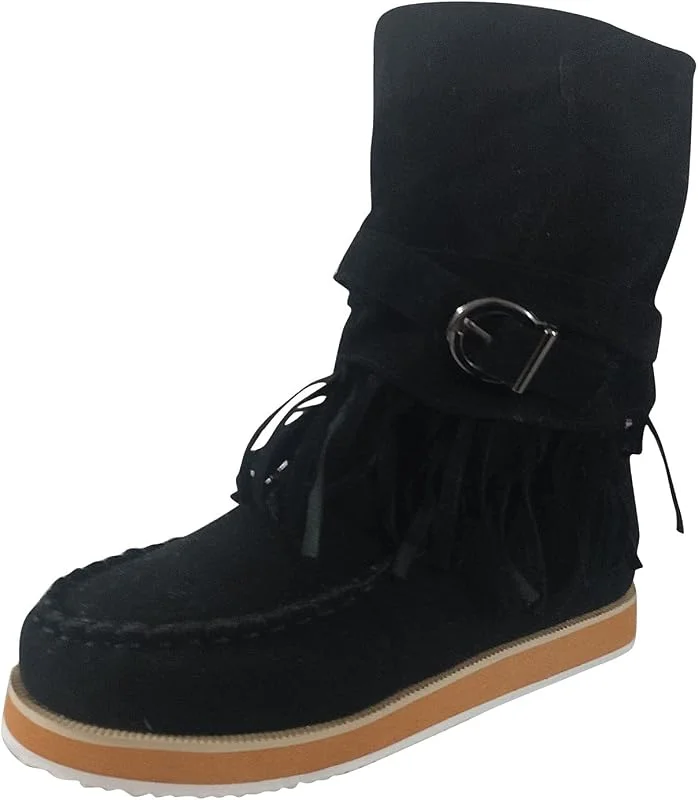 Herbst Damen Winter Knöchel Weich Flach Fransen Stiefel Mode Schuhe Warm Oberschenkel Stiefel für Damen, C le Noir, 39 EU — Heizkleidung
