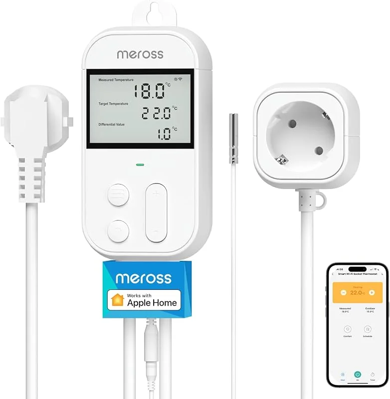 Meross Temperaturregler Smart Thermostat Steckdose für HomeKit Digital WLAN WiFi Heizungsthermostat Steckdose mit Fühler für Heizung und Kühlung 16 A, 2, 4GHz, Weiss — Heizung Warmepumpe