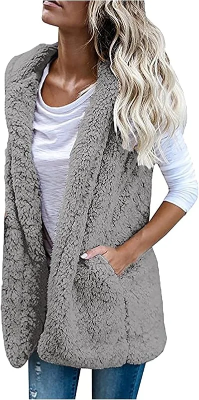 Damen Fleeceweste Plüschweste Kunstfell Teddy Fleece Weste Outwear Herbst Winter Outdoor Warm Daunenweste Steppweste Bequem Ärmellos Cardigan Jacke Longweste Westen Tank Tops, Grau, L — Heizkleidung