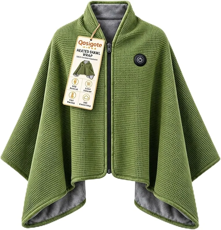 Wärme Poncho Elektrisch, Beheizbarer Poncho, Heated Blanket, Abnehmbar und Waschbar, 150 X 85 cm, 3 Temperaturstufen, für BüRo, Zuhause，Grün：ohne Powerbank — Heizkleidung