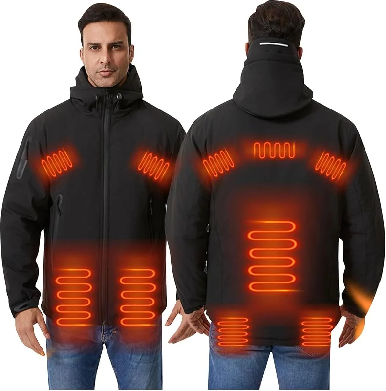 Beheizbare Jacke Herren Outdoor Heizjacke Wärme Regenjacke USB Elektrische Beheizte Jacken mit 10 Heizzonen Winter Outdoorjacke Beheizbar Winterjacke mit Heizung Kapuzenjacke Skijacke Wanderjacke — Heizkleidung