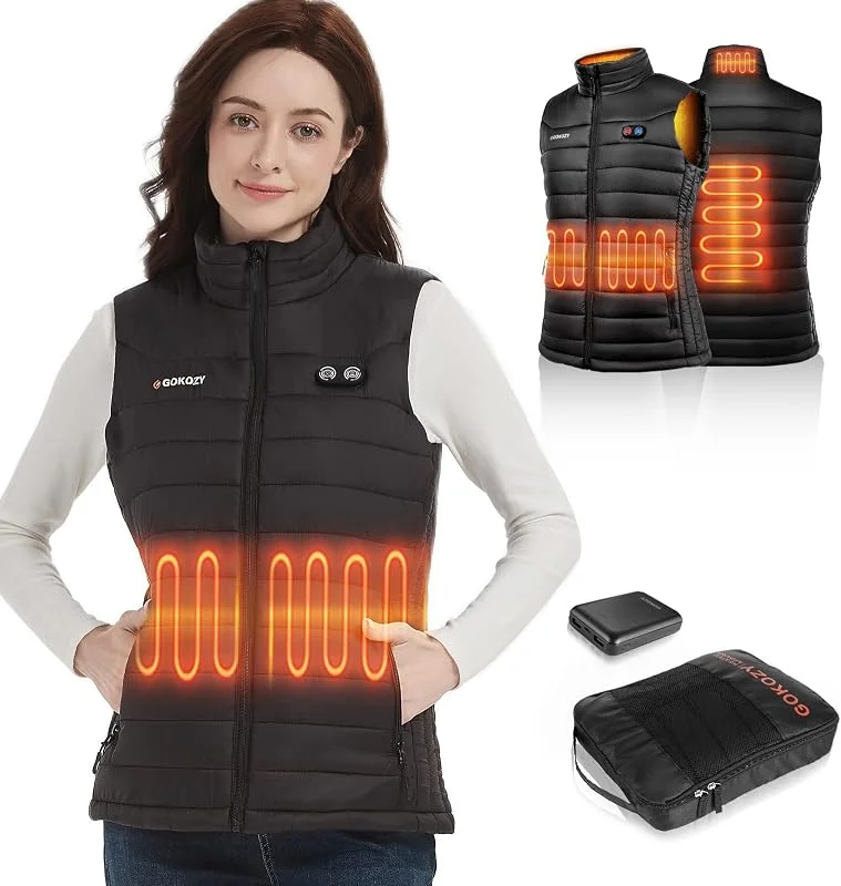 Gokozy Beheizbare Weste Damen mit powerbank 10000mah für 5 Heizzonen heizweste damen schnelles Aufheizen Intelligente Elektrische Leichte Beheizte Weste Bergsteigen und Arbeiten im Freien — Heizkleidung