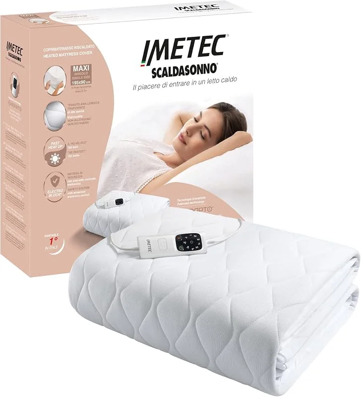 Imetec Scaldasonno Adapto, Maxi-Spann-Wärmeunterbett für Einzelbett, 195x90 cm, geringer Stromverbrauch, schnelle Erwärmung, indiv. Temperatur, hypoallergenes gestepptes Gewebe, Steuerung mit 6 Temp. — Heizung Warmepumpe