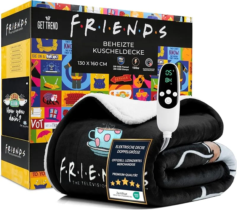 Friends Heizdecke Einzel, Weiche Sherpa Fleecedecke 130x160cm, 9 Heizstufen, 12-Stunden-Abschaltautomatik, Warme Kuscheldecke Geschenk (Schwarz Friends, Werfen EU) — Heizung Warmepumpe