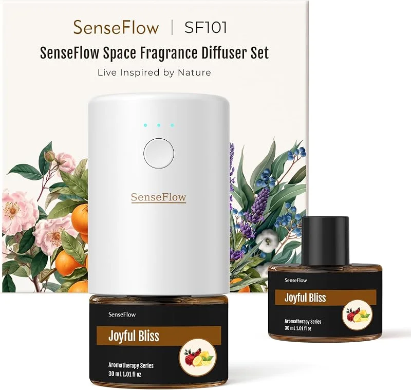 Aroma Diffuser für Ätherische Öle SF101 Pro, Wasserloser Ultraschall Duftstecker Raumduft, 100% pflanzlich Lufterfrischer, 120 Tage Aroma für Zuhause - bis zu 100m²-Freudige Glückseligkeit — Luftbefeuchter