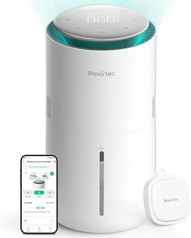 Provirtec MistFree Smart Luftbefeuchter für Schlafzimmer, Verdunstungsbefeuchter Kein Weißstaub, Auto Luftfeuchtigkeit & APP-Steuerung, 3L Wassertank Leicht zu reinigen, Schlafmodus, Timing