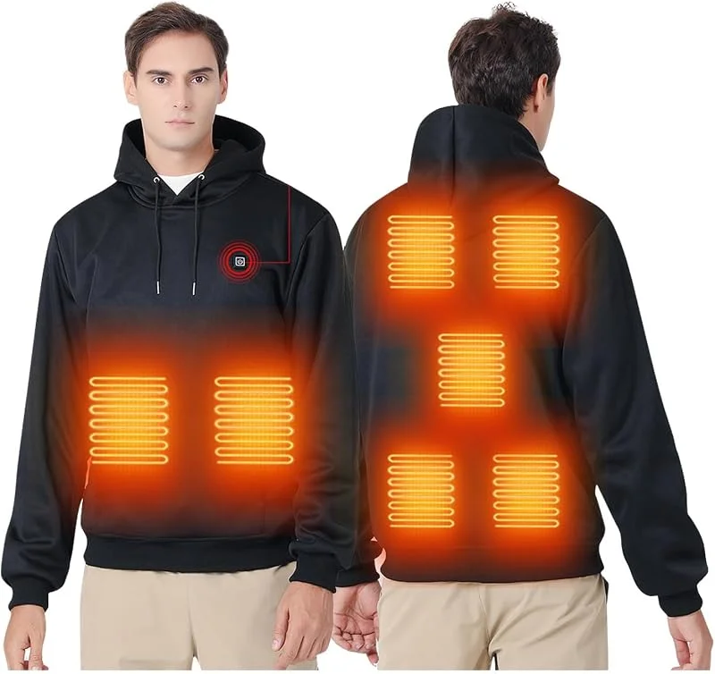 Beheizbarer Hoodie Herren Einstellbare Beheizbare Sweatjacke USB Winter Heizjacke mit 7, 17 Heizzonen Hoody Männer mit Kapuze Elektrische Beheizte Kapuzenpullover mit Reißverschluss Kapuzenjacke — Heizkleidung