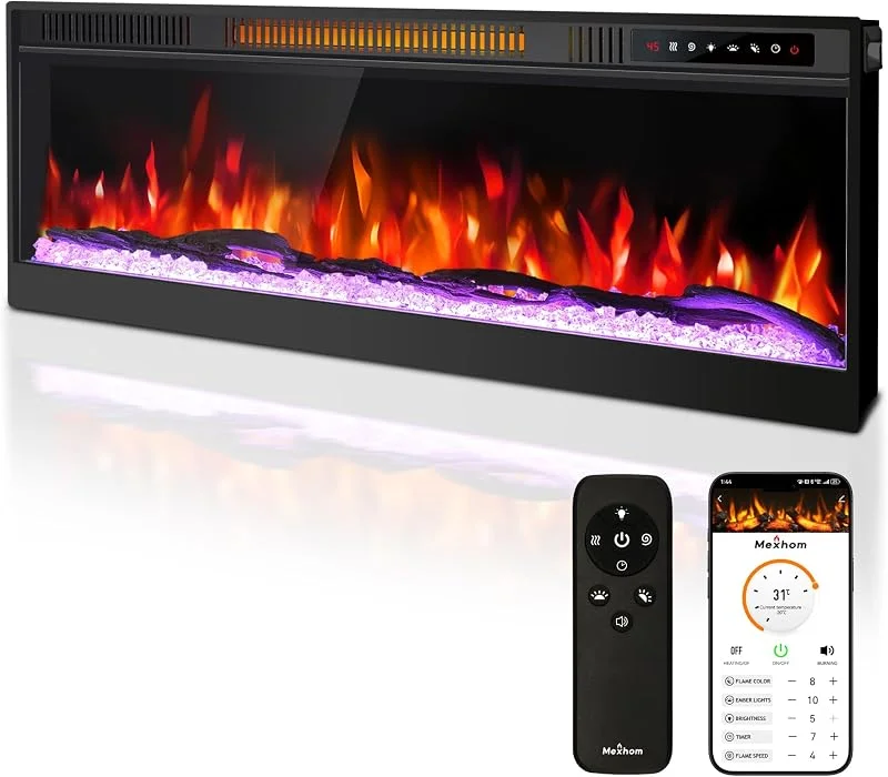 50in, 127cm Ultradünner Elektrokamin mit Heizung ，Einbau & Wand — Heizung Warmepumpe