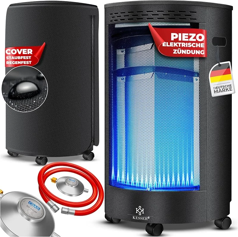 KESSER® Gasheizer Keramik 4200 Watt Gas Heizstrahler inkl. Gasdruckregler Gasschlauch - Gasheizofen inkl. Schutzhülle Gasheizgerät, Infrarot Keramikbrenner, Butan- oder Propangasflaschen, Schwarz — Heizung Warmepumpe