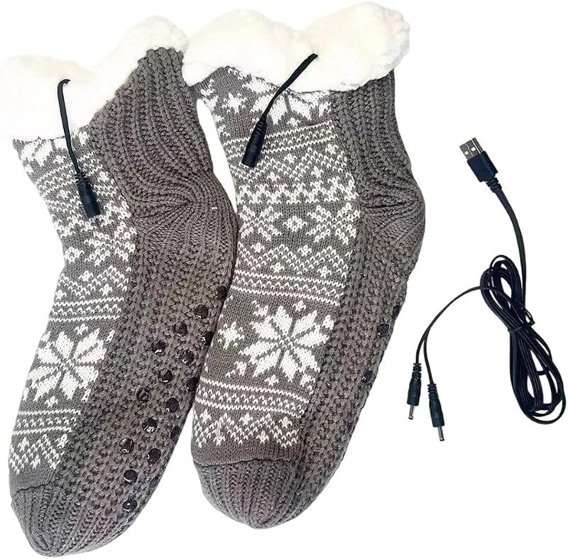 Beheizbare Socken, USB-betriebene Elektrische Fußwärmersocken Weihnachtsblumenmuster, Gestrickte Atmungsaktive Winter-thermosocken, Flauschige Haussocken Für Zuhause, Weihnachten — Heizkleidung