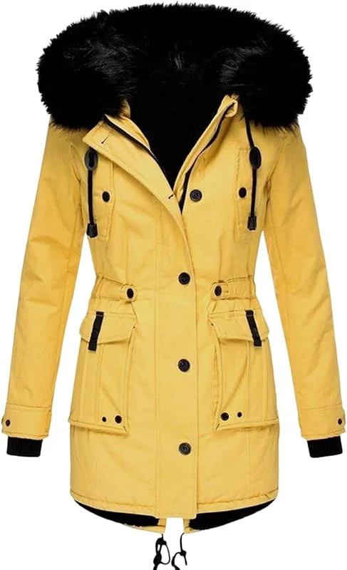 Ansenesna Winterjacke Damen Lang Warm Gefüttert Winterparka Mit Kapuze Parka Winter Jacke Mantel Fellkapuze Innenfell Thermo Wintermantel Frauen mit Reissverschluss Knöpfen Dicke Damen-Jacken — Heizkleidung