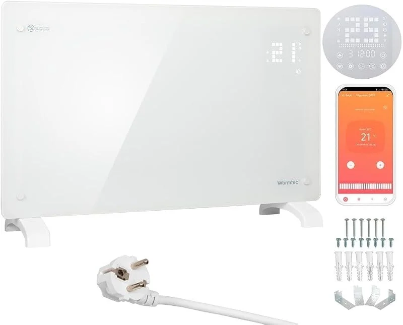 WARMTEC Elektroheizung 2500W, Glasheizung mit WiFi-Steuerung, Timer, LCD-Display und Wochenprogramm, Konvektor-Heizung für energiesparendes Heizen, Elektroheizkörper Stand- und Wandgerät, Weiß — Heizung Warmepumpe