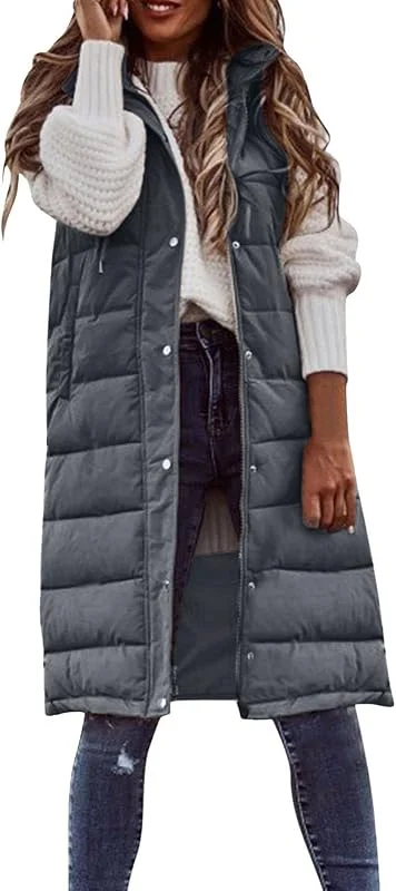 Damen Winter Ärmellose Mantel Weste Langer Hoodie Warmer Daunenmantel mit Taschen Outdoorjacke für Frauen — Heizkleidung