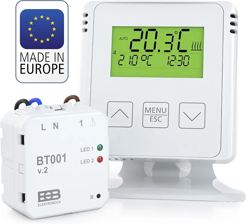 ELEKTROBOCK BT731 Funk-Raumthermostat mit Empfänger - Standfuß - Reichweite bis 35 m - Für elektrische Heizung und Infrarotheizung - Wochenprogramme und Frostschutz, Weiß — Heizung Warmepumpe