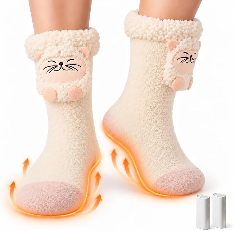 Beheizbare Socken, Heizsocken mit Akku und 3 Temperaturstufen, Katzenmuster — Heizkleidung
