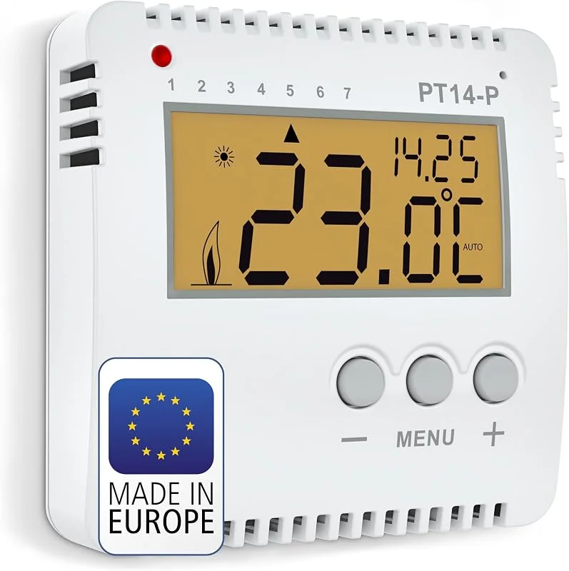 ELEKTROBOCK PT14-P Digitaler Raumthermostat 230V - Programmierbarer Wandthermostat mit großem beleuchtetem LCD Display - Für elektrische Heizungen - Einstellbares Wochenprogramm und Zusatzfunktionen — Heizung Warmepumpe