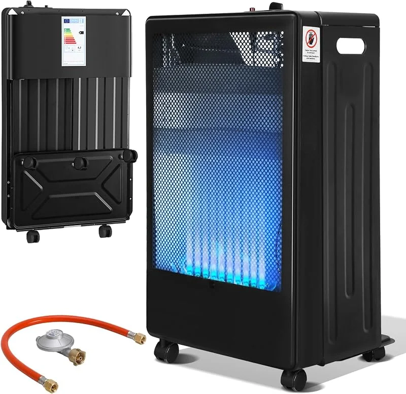 Gasheizung für Innenräume 3800 Watt, Gasheizer für Gasflaschen bis 15kg, Gasheizofen Gas Heizstrahler inkl. Gasdruckregler Gasschlauch — Heizung Warmepumpe
