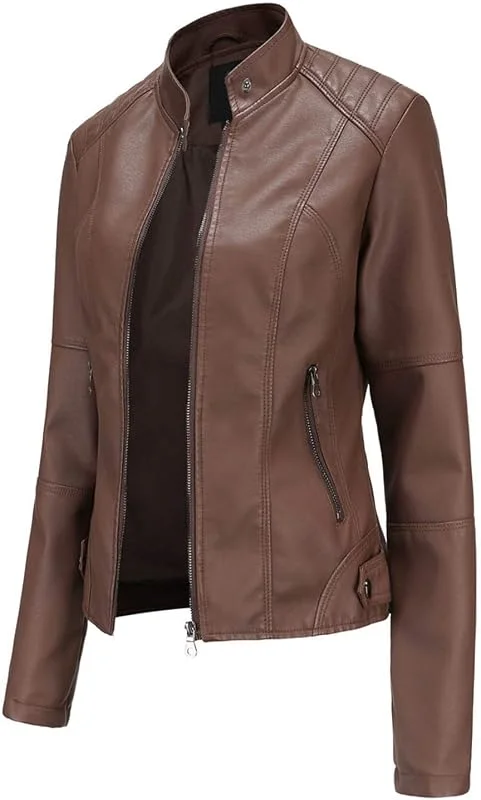Lederjacke für Damen, kurz, Bomberjacke, Flieger, Motorrad, Stehkragen, Slim Mode, Jacke, Kunstleder, Reißverschluss, Vintage, langärmlig, dünn, Motorradjacke, Übergangsjacke, PU-Leder, Herbst, Winter — Heizkleidung
