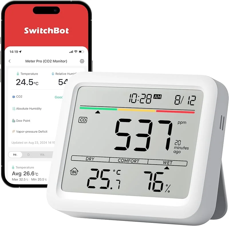 SwitchBot CO2-Melder, CO2 Messgerät mit Thermometer Hygrometer Innen, Luftqualität Messgerät mit CO2-Alarm, Bluetooth CO2 Sensor mit APP, 2 Jahre Datenspeicher, Hub erforderlich — Küche & Haushalt