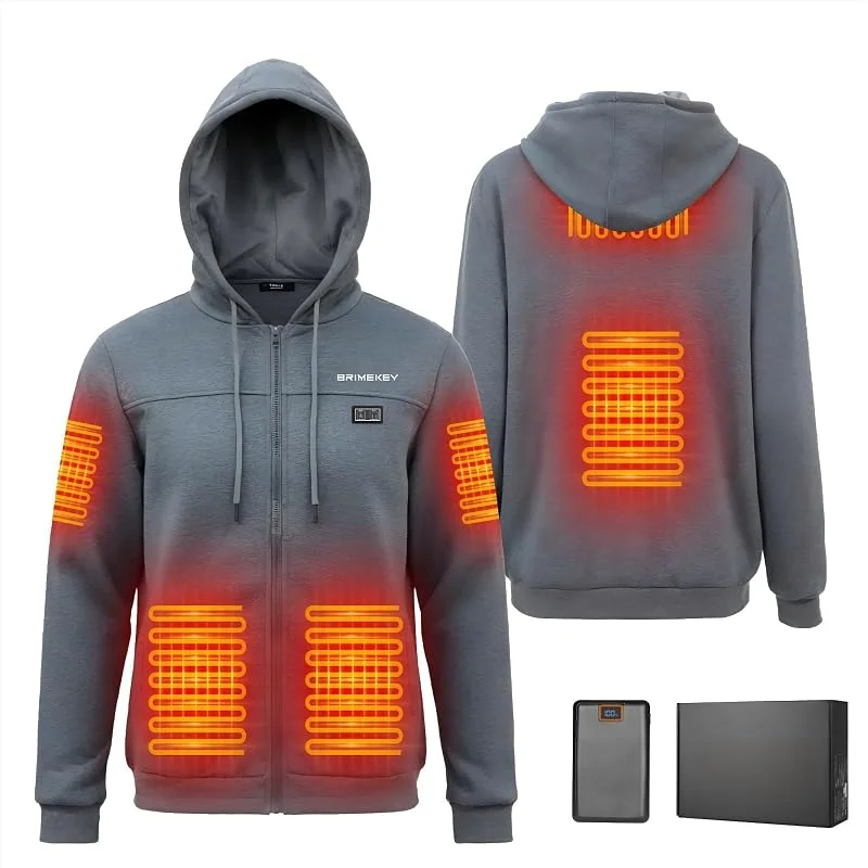 Reißverschluss Pullover Beheizbarer Hoodie mit Fleecefutter für Herren & Damen, 7.4V 20000mAh Akku - 6-Zonen Smart Heizjacke, 3 Heizstufen für Outdoor, Camping, Wandern — Heizkleidung