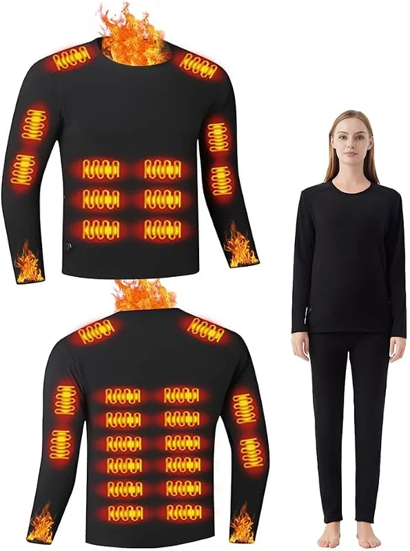 Beheizbare Unisex-Thermounterwäsche, Elektrische Heizung thermal unterwäsche, Oberteil mit 26 Zonen, Hose mit 16 Zonen, USB- und DC-Anschluss, 3 Temperaturstufen, geeignet für Camping und Wandern — Heizkleidung